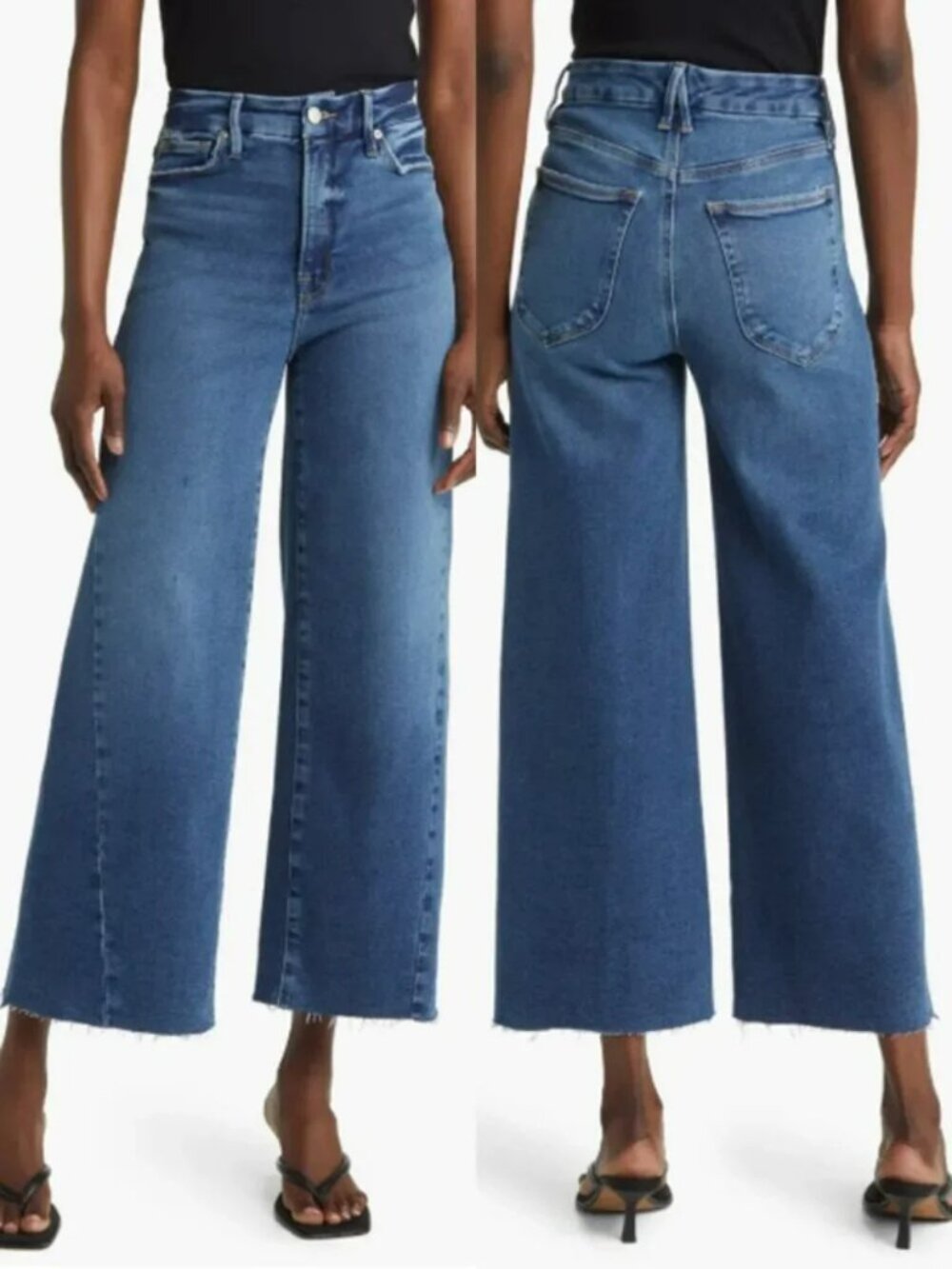 Good American Cropped Palazzo Wide Leg Raw Hem Jeans Womens 2 / 26 Blue Denim - Picture 8 of 11